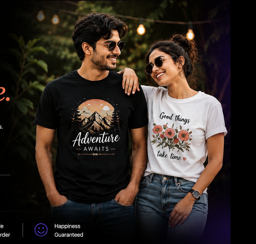 Happy couple wearing custom printed T-shirts
